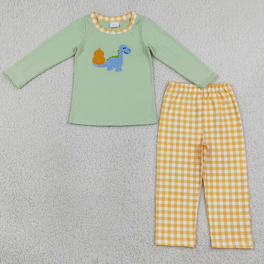 Baby Boys Clothes Embroidery Pumpkin Dinosaurs Top Checked Pants Fall Clothes Set BLP1515
