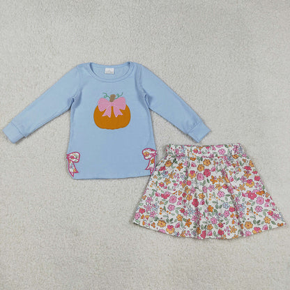 Baby Girls Clothes Blue Long Sleeves Bows Pumpkin Embroidery Top Flowers Skorts Sets GLD1172 9.1