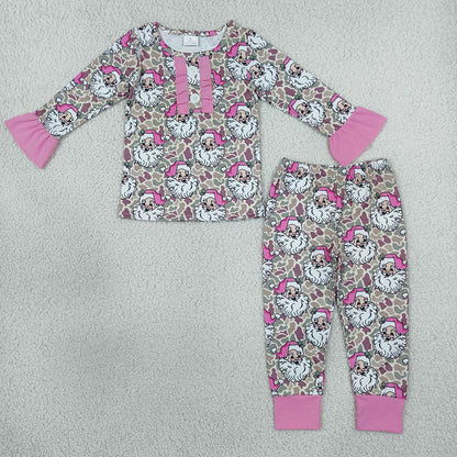 Baby Girls Pajamas Khaki Camo Santa Button Top Pant Christmas Pajamas Set GLP3734