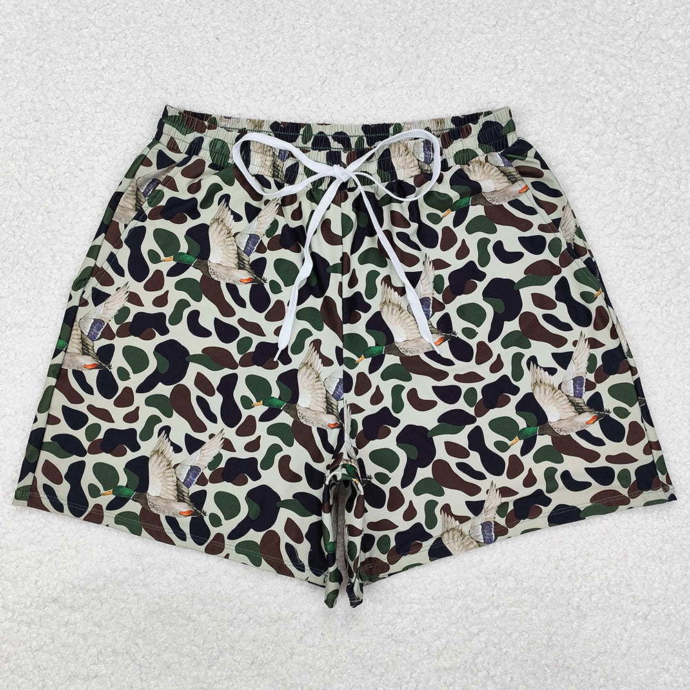 Adult Man Swim Trunks Green Duck Camouflage Pockets Bottom Trunks Shorts Swimwear S0468