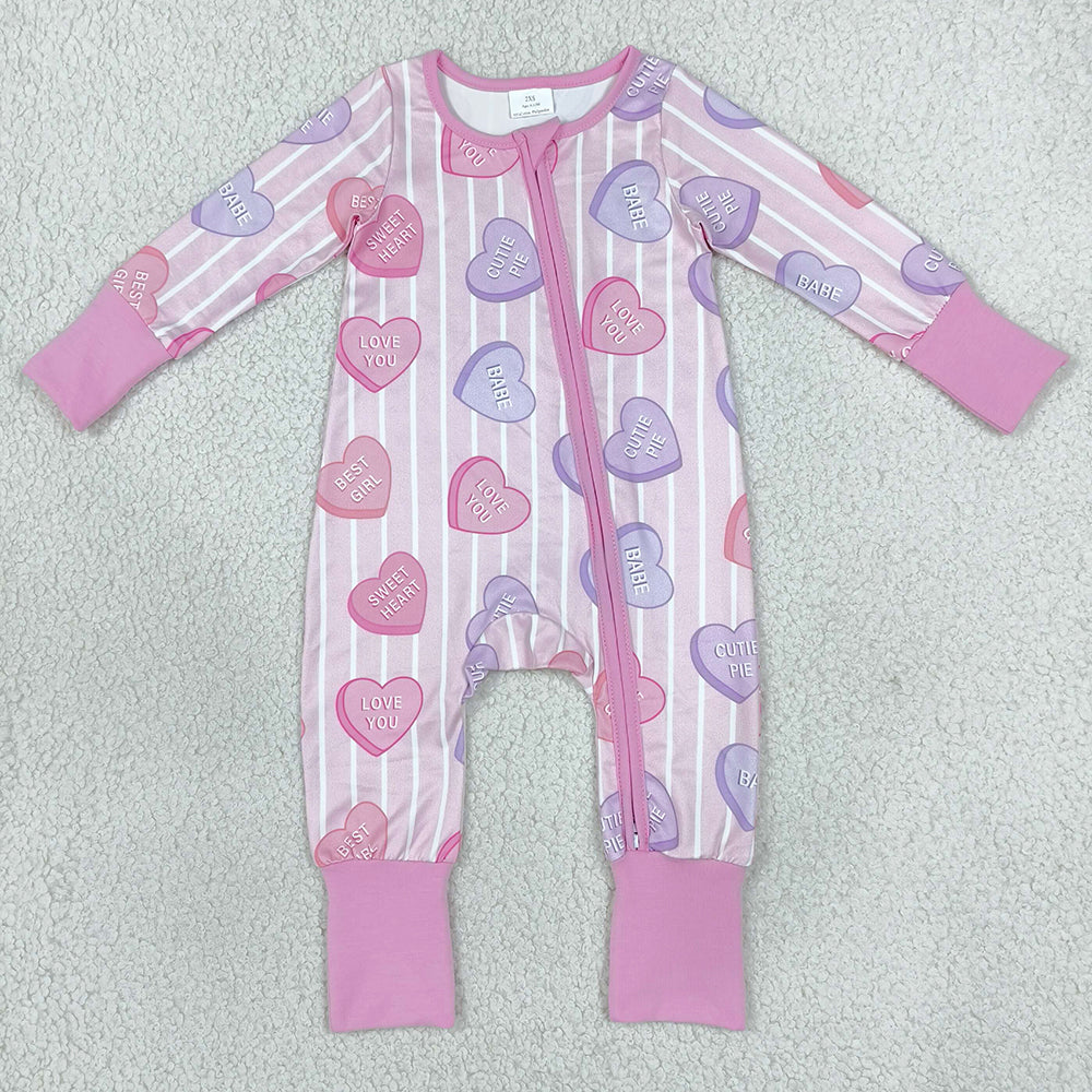 Baby Girls Pink Stripe LOVE YOU Hearts Valentines Two Way Zip Convertible Rompers LR3325
