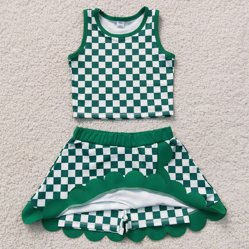 Baby Girls Clothes Green Checked Vest Top Scallop Skirt Short Yoga Active Clothes Set GSD4178