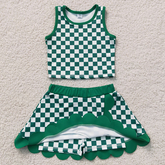 Baby Girls Clothes Green Checked Vest Top Scallop Skirt Short Yoga Active Clothes Set GSD4178