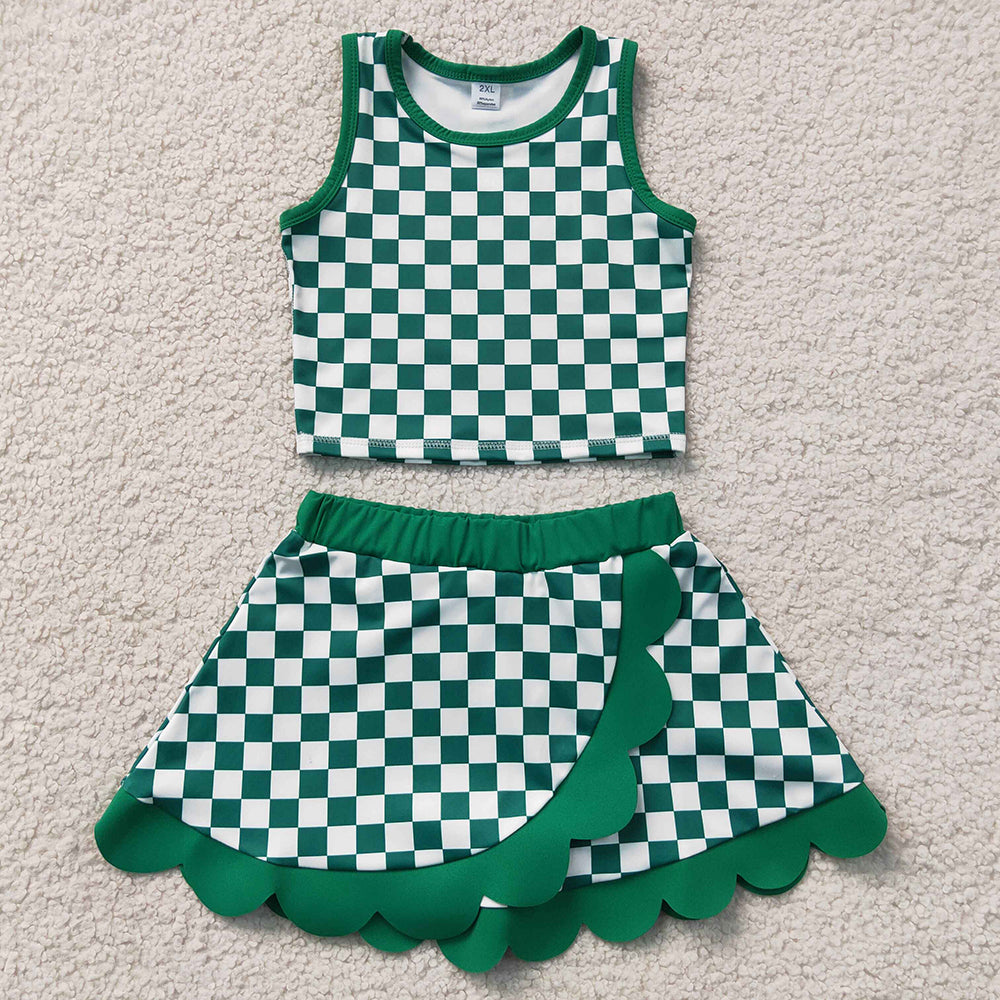Baby Girls Clothes Green Checked Vest Top Scallop Skirt Short Yoga Active Clothes Set GSD4178