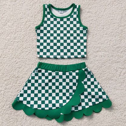 Baby Girls Clothes Green Checked Vest Top Scallop Skirt Short Yoga Active Clothes Set GSD4178