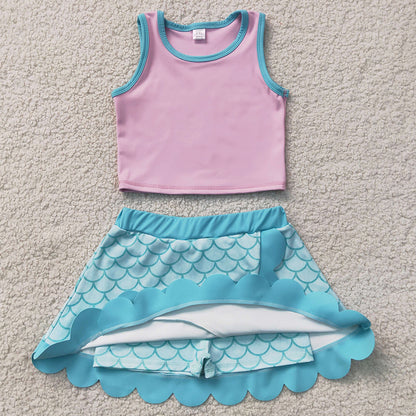 Baby Girls Clothes Pink Aqua Vest Mermaid Scallop Skirt Short Yoga Active Clothes Set GSD4083