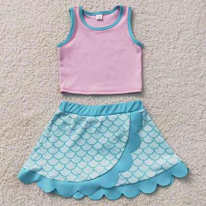 Baby Girls Clothes Pink Aqua Vest Mermaid Scallop Skirt Short Yoga Active Clothes Set GSD4083