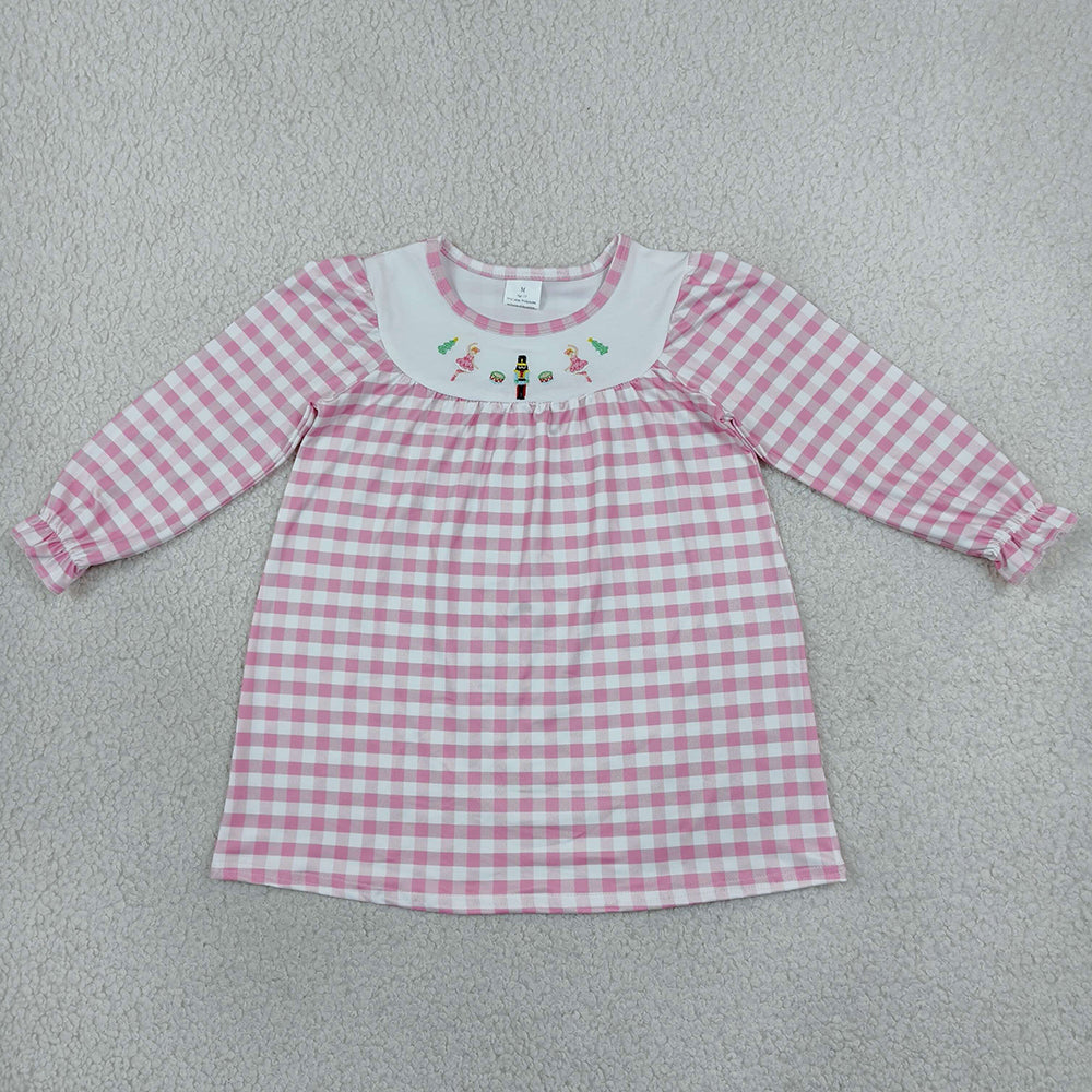 Baby Girls Dress Embroidery Soldiers Trees Pink Checked Knee Length Dress GLD0610