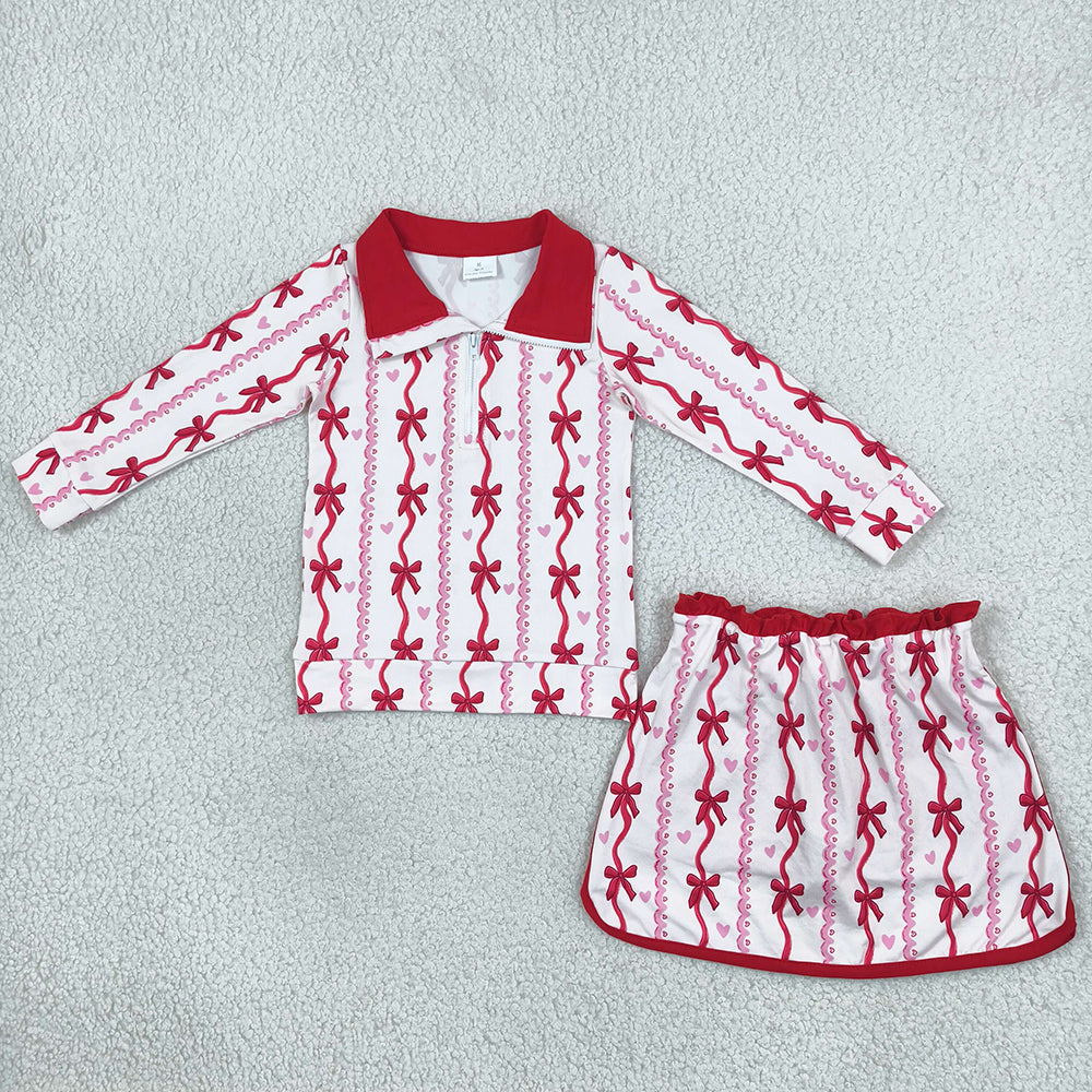 Baby Girls Bows Hearts Zip Pullover Skirt Short Valentines Clothes Set GLD1751