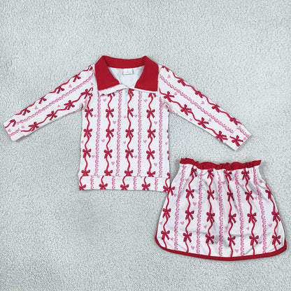 Baby Girls Bows Hearts Zip Pullover Skirt Short Valentines Clothes Set GLD1751