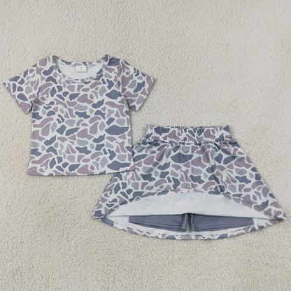 Baby Girls Clothes Short Sleeves Gray Camo Top Skirts Shorts Clothes Set GSD2724