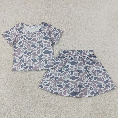 Baby Girls Clothes Short Sleeves Gray Camo Top Skirts Shorts Clothes Set GSD2724