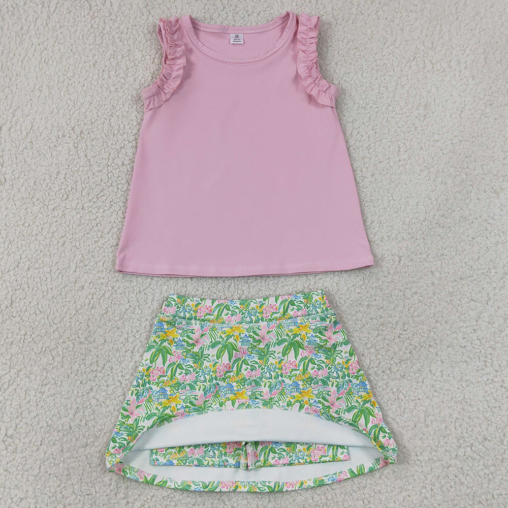 Baby Girls Clothes Pink Cotton Tunic Sea Plants Yoga Active Skirt Short Clothes Set GSD4217