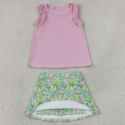 Baby Girls Clothes Pink Cotton Tunic Sea Plants Yoga Active Skirt Short Clothes Set GSD4217