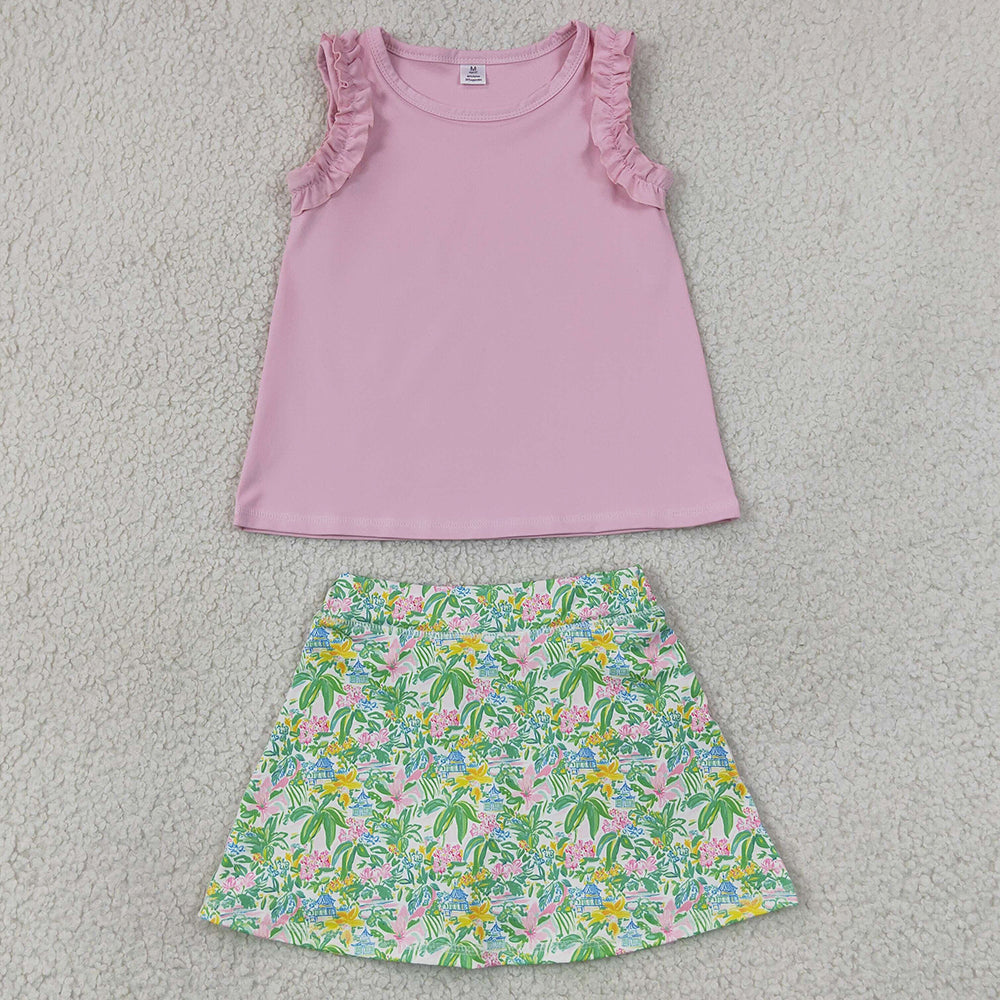 Baby Girls Clothes Pink Cotton Tunic Sea Plants Yoga Active Skirt Short Clothes Set GSD4217