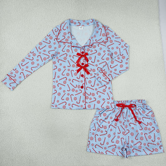 Adult Women Clothes Candy Cane Button Pocket Top Shorts Christmas Pajamas Sets GLS0116