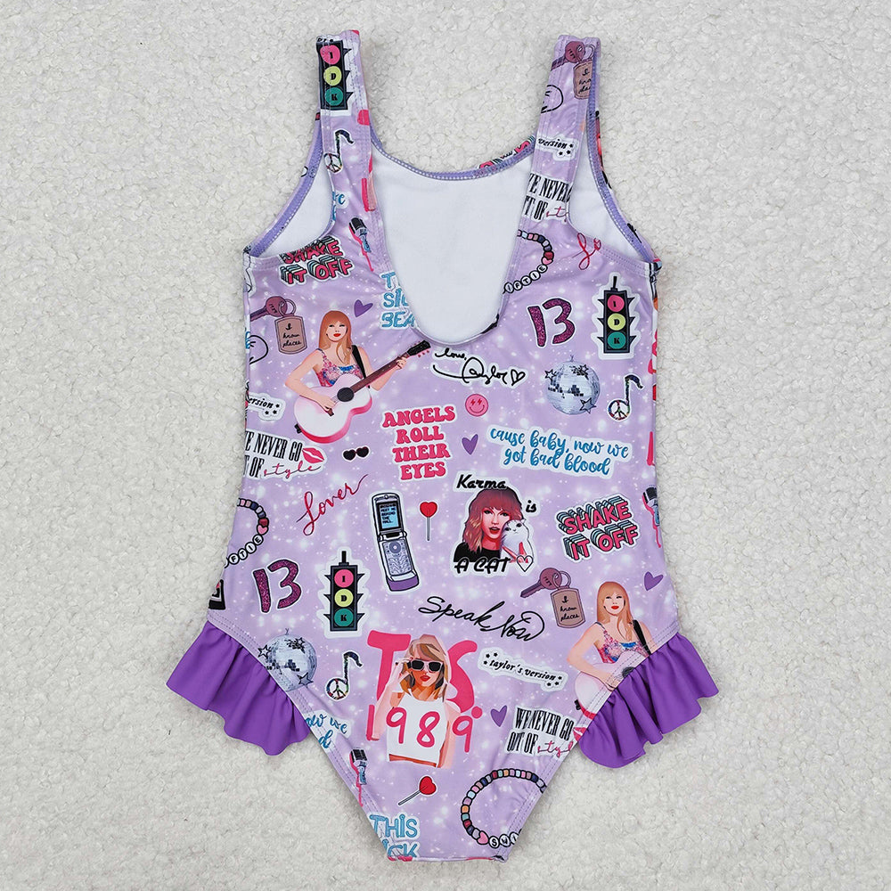 Baby Girls Swimsuits Purple Sleeveless Ruffle One Piece Swimsuits S0388