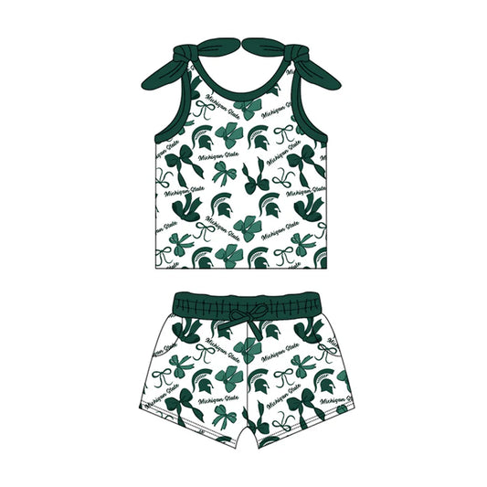 Preorder MOQ 5 pcs sleeveless M green bow top shorts girls team clothes 8.23