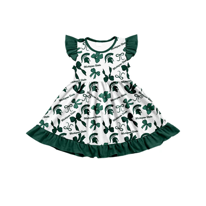 Preorder (moq 5) flutter sleeves M green bows girls team dress 8.22