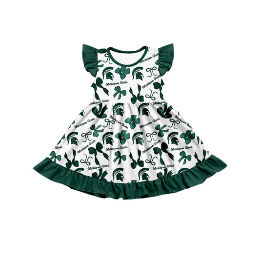 Preorder (moq 5) flutter sleeves M green bows girls team dress 8.22