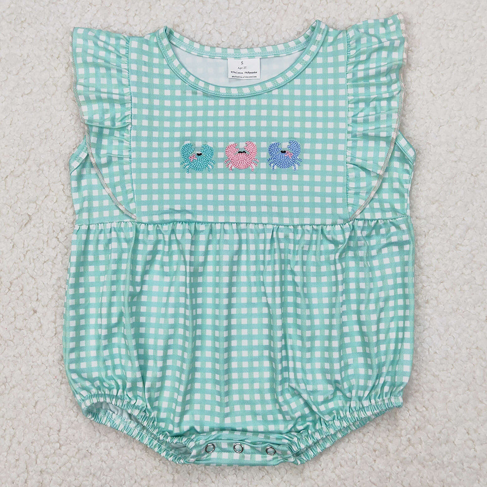 Baby Infant Girls Rompers Green Checkered Crabs Embroidery Rompers SR2659 3.25