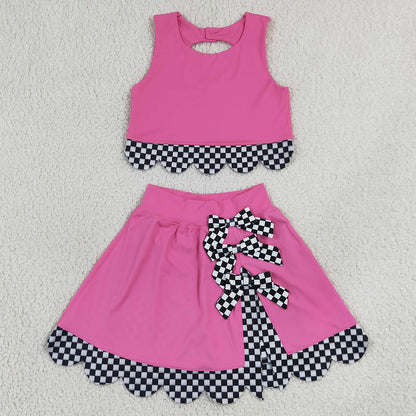 Baby Girls Clothes Pink Sleeveless Vests Bows Short Yoga Active Scallop Clothes Set GSD3926