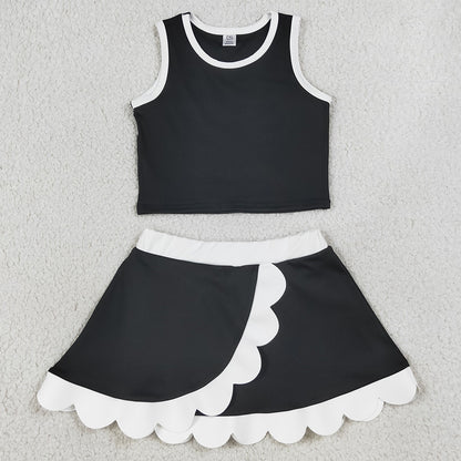 Baby Girls Dress Black Crop Vest Scallop Skirt Yoga Active Clothes Sets GSD4029