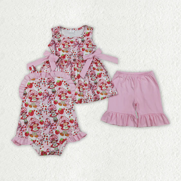 Sibling Clothing Baby Strawberry Girls Bows Tunic Ruffle Short Clothes Set Back Bow Rompers