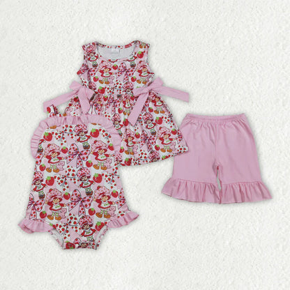 Sibling Clothing Baby Strawberry Girls Bows Tunic Ruffle Short Clothes Set Back Bow Rompers
