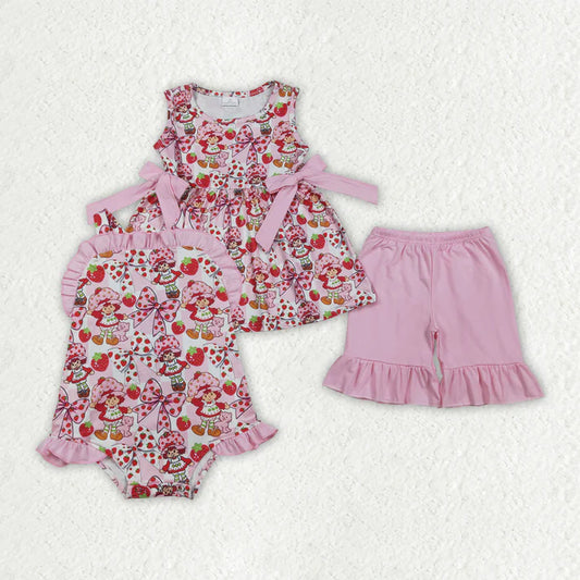 Sibling Clothing Baby Strawberry Girls Bows Tunic Ruffle Short Clothes Set Back Bow Rompers