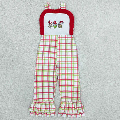 Baby Girls Jumpsuits Embroidery Green Frogs Strap Red Checked Ruffle Pants Christmas Jumpsuits SR4282