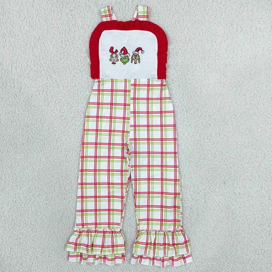 Baby Girls Jumpsuits Embroidery Green Frogs Strap Red Checked Ruffle Pants Christmas Jumpsuits SR4282