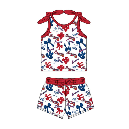 Preorder MOQ 5 pcs sleeveless B red blue bow top shorts girls team clothes 8.23