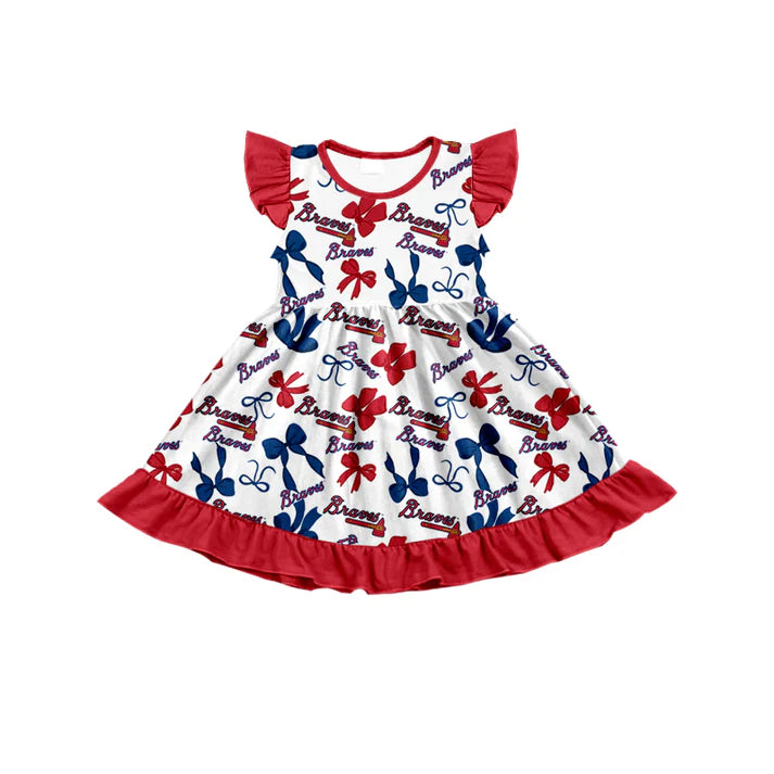 Preorder (moq 5) flutter sleeves B red blue bows girls team dress 8.22