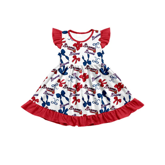 Preorder (moq 5) flutter sleeves B red blue bows girls team dress 8.22