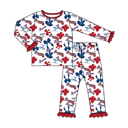 Preorder MOQ 5 Long sleeves B blue red bow kids girls team pajamas 8.25