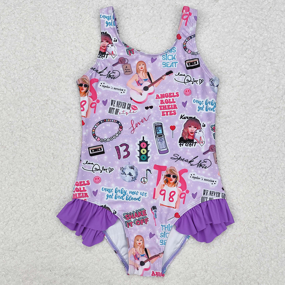 Baby Girls Swimsuits Purple Sleeveless Ruffle One Piece Swimsuits S0388