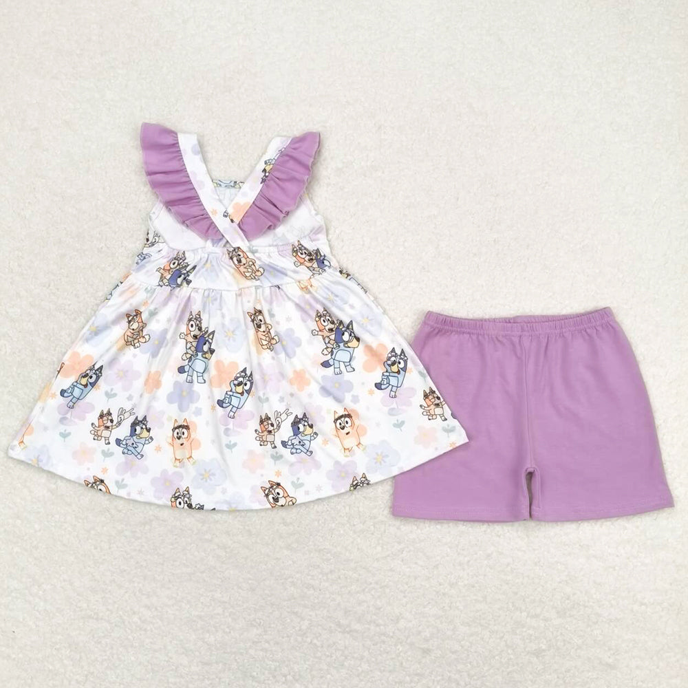 Baby Girls Clothes Dogs Flowers Tunic Lavender Shorts Summer Sets GSSO0998