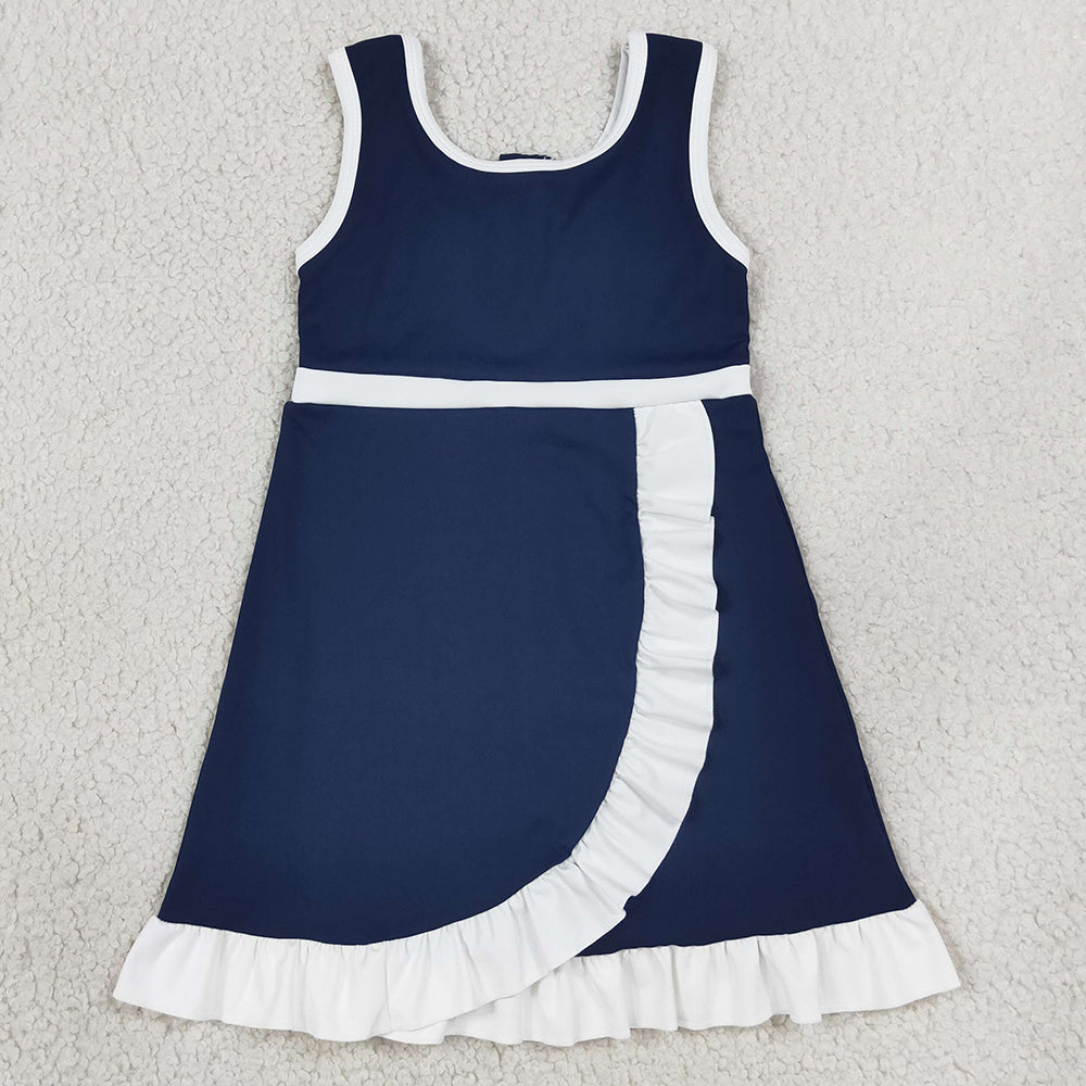 Baby Girls Dress Navy White Ruffles Yoga Active Short Scallop Knee Length Dress GSD4145