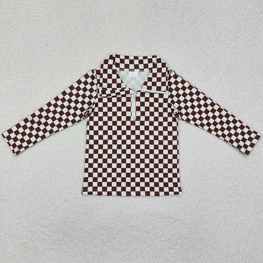 Baby Boys Clothes Brown Checkered Zip Pullovers Tops GT0793