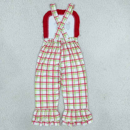 Baby Girls Jumpsuits Embroidery Green Frogs Strap Red Checked Ruffle Pants Christmas Jumpsuits SR4282
