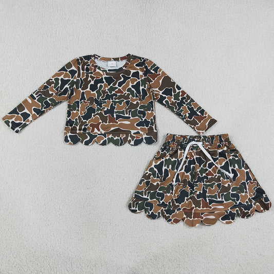 Baby Girls Clothes Long Sleeve Dark Brown Camo Top Skirt Short Scallop Clothes Set GLD1617