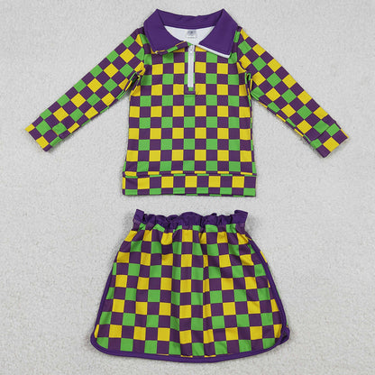 Baby Girls Clothes Mardigras Checked Zipper Pullovers Skirt Shorts Yoga Clothes Set GLD1362 12.11