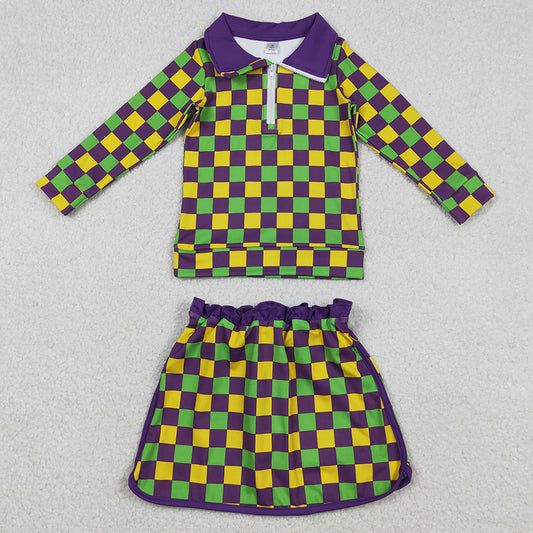 Baby Girls Clothes Mardigras Checked Zipper Pullovers Skirt Shorts Yoga Clothes Set GLD1362 12.11