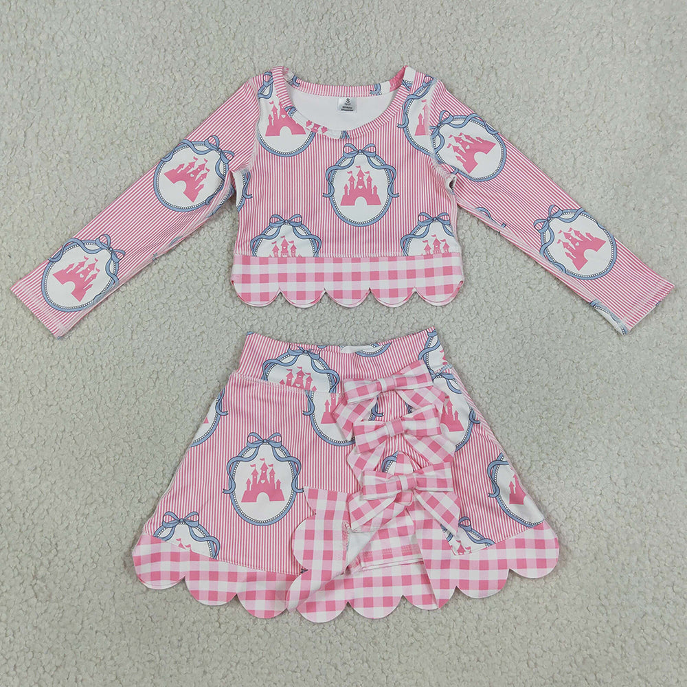 Baby Girls Clothes Pink Bows Castles Top Bows Short Skirt Yoga Active Scallop Clothes Sets GLD1601