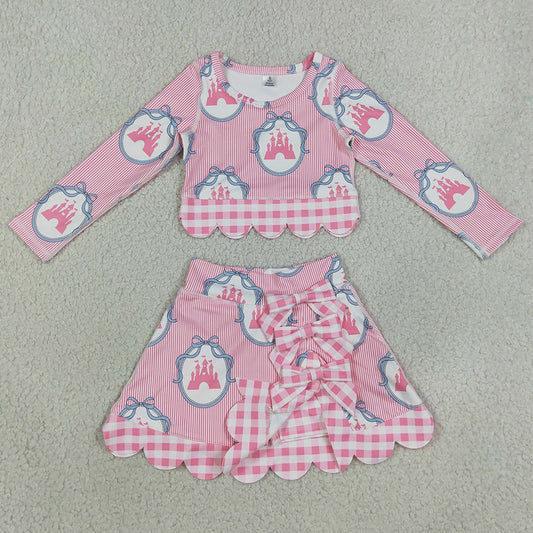 Baby Girls Clothes Pink Bows Castles Top Bows Short Skirt Yoga Active Scallop Clothes Sets GLD1601