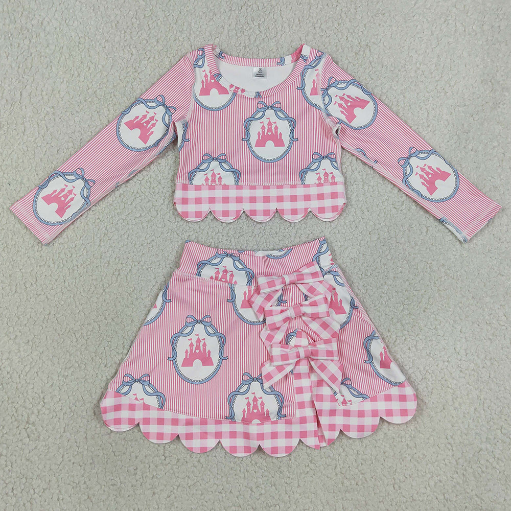 Baby Girls Clothes Pink Bows Castles Top Bows Short Skirt Yoga Active Scallop Clothes Sets GLD1601