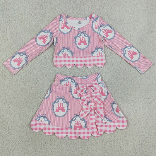 Baby Girls Clothes Pink Bows Castles Top Bows Short Skirt Yoga Active Scallop Clothes Sets GLD1601
