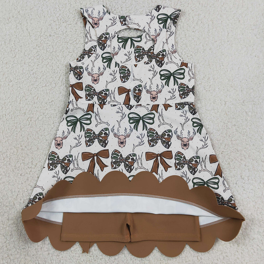 Baby Girls Dress Camo Bows Deer Hunting Yoga Active Short Bows Scallop Knee Length Dress GSD4008