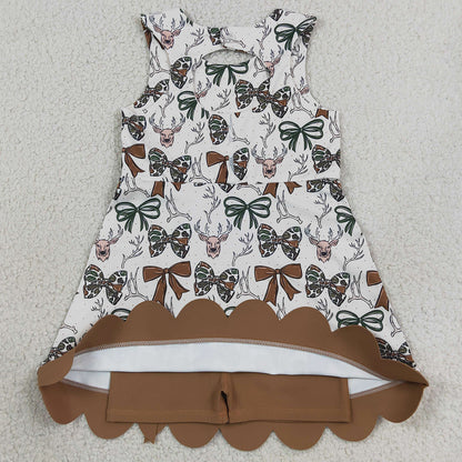 Baby Girls Dress Camo Bows Deer Hunting Yoga Active Short Bows Scallop Knee Length Dress GSD4008
